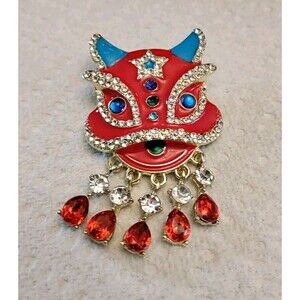 Chinese Dancing Lion Head Brooch Red With Clear Red & Blue Rhinestones & Enamel